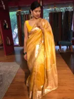 Haldi Yellow Tissue Silk Saree highlighted with Beautiful Gota Border - Image 2