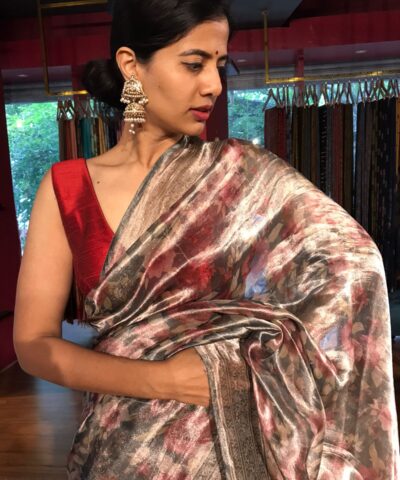 Grey Printed Tissue Silk Saree