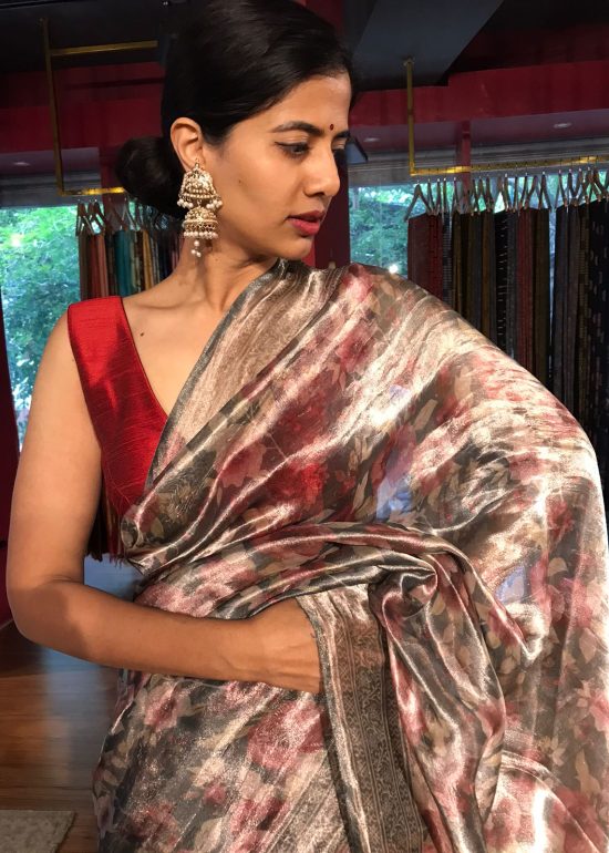 Grey Printed Tissue Silk Saree