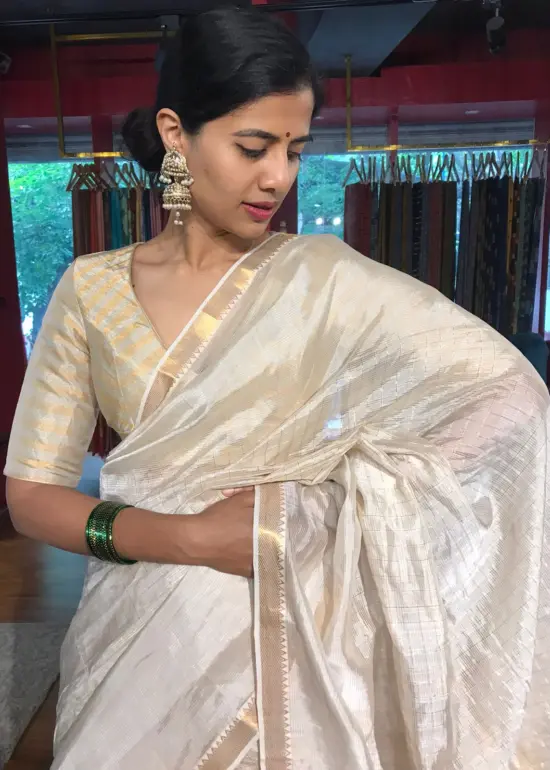 Ivory Mangalagiri Silk Saree By Mirra Clothing