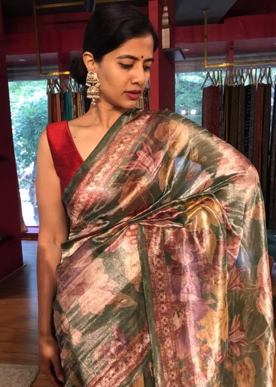Printed Tissue Silk Saree by Mirra Clothing