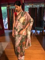 Bottle Green Printed Tissue Silk Saree - Image 4