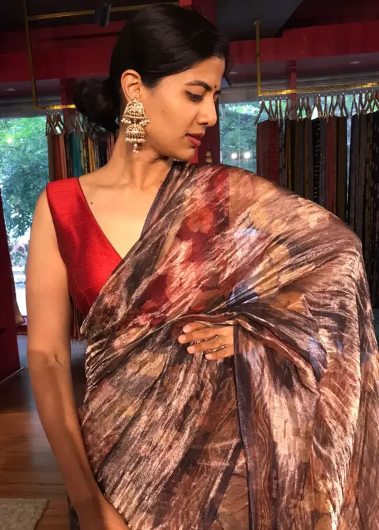 Printed Tissue Silk Saree by Mirra Clothing