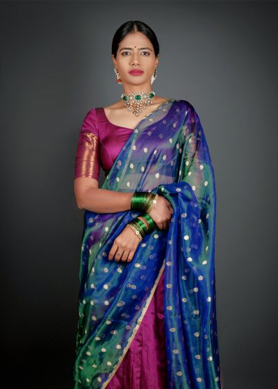 "Close up view of a model showcasing Magenta Silk Half Saree Set with Tissue Silk Dupatta , Suitable for grand occasions "By Mirra Clothing