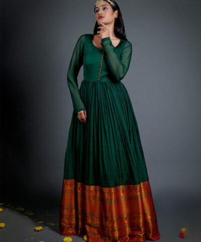 Green Cotton Dress highlighted with Kanchi Silk Border
