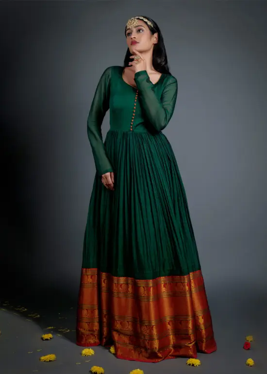 Green Cotton Dress highlighted with Kanchi Silk Border