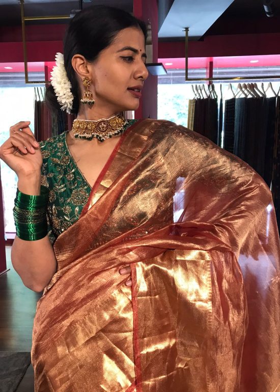 Honey Orange Tissue Silk Saree