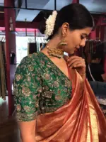 Bottle Green Handwoven Silk Blouse highlighted with Intricate Embroidery - Image 3