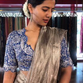 Cobalt Blue Silk Blouse with Intricate Embroidery