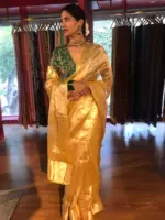 Yellow Tissue Silk Saree with Gold Zari Border - Image 2