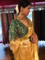 Yellow Tissue Silk Saree with Gold Zari Border - Image 4