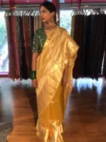 Yellow Tissue Silk Saree with Gold Zari Border - Image 7