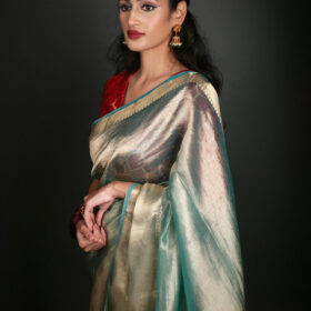 Pastel Blue Banarasi Tissue Silk Saree with Gold Zari Border