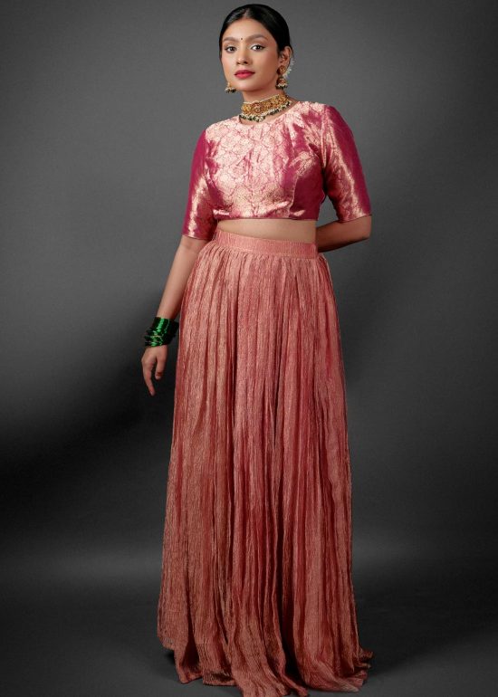 Pink Crushed Tissue Lehenga Set (Set of 2)