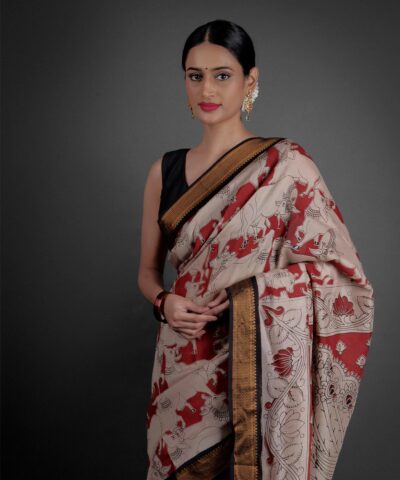 Red Kalamkari Printed Mangalagiri Silk Saree