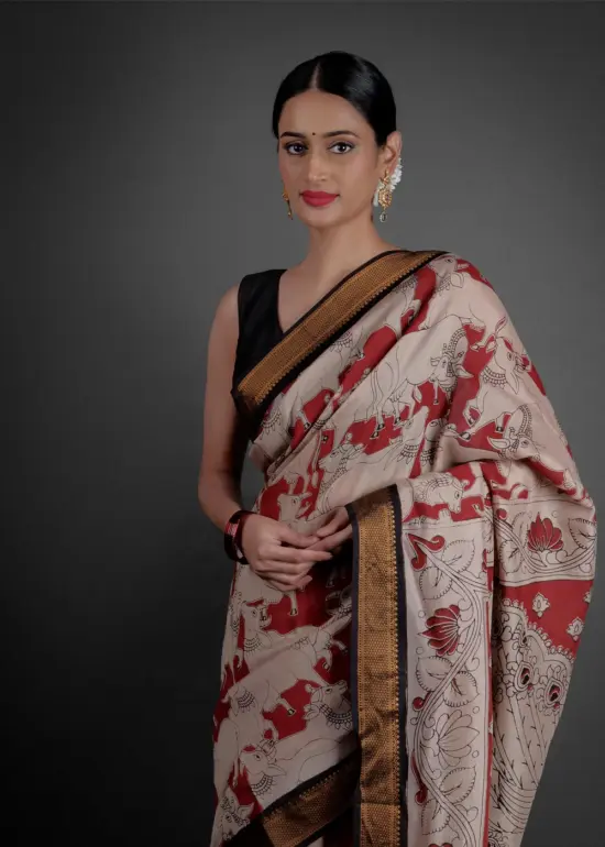 Red Kalamkari Printed Mangalagiri Silk Saree
