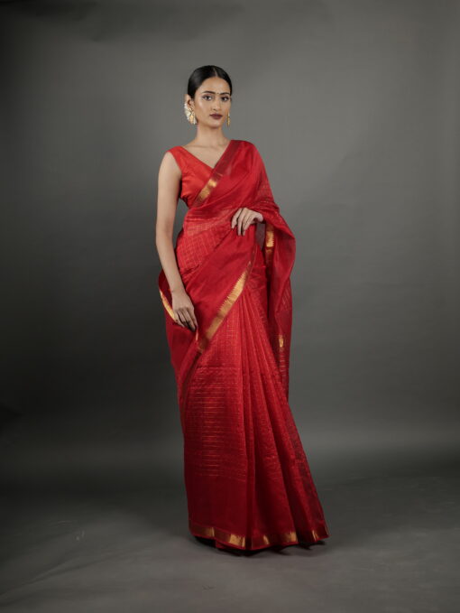 Full view of a model showcasing Red Handwoven Mangalagiri Chequered Silk Saree, Suitable For Formal Events & Anniversaries By Mirra Clothing