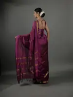 Back view of a model showcasing Magenta Handwoven Mangalagiri Silk Saree, Suitable For Traditional Office Events or Award Functions