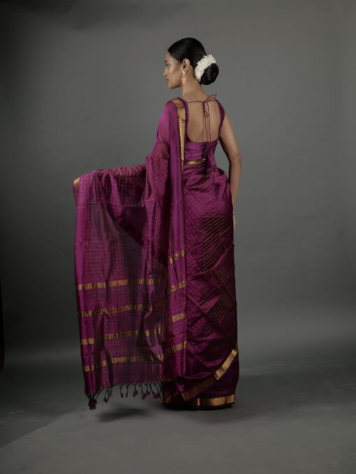 Back view of a model showcasing Magenta Handwoven Mangalagiri Silk Saree, Suitable For Traditional Office Events or Award Functions