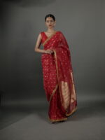 Scarlet Red Dual Tone Tissue Silk Saree highlighted with Gota Detailing - Image 3