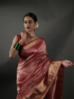 Red  Tissue Silk Saree with Gold Zari Border - Image 4