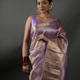 Lavender Tissue Silk Saree with Gold Zari Border