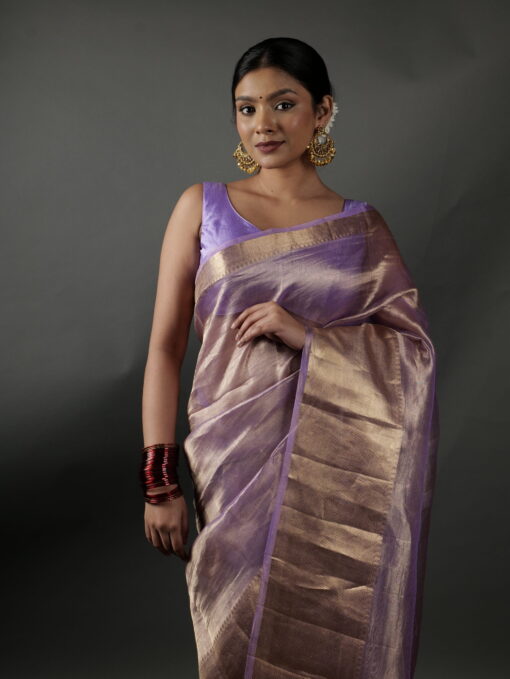 Lavender Tissue Silk Saree with Gold Zari Border - Image 1