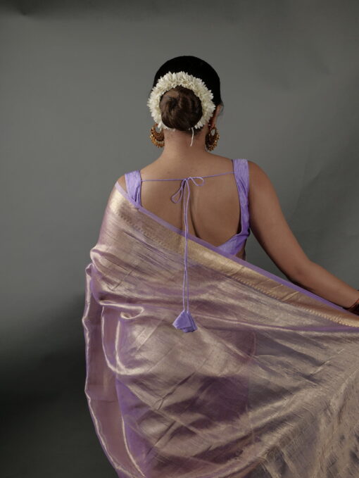 Lavender Tissue Silk Saree with Gold Zari Border - Image 4