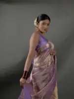 Lavender Tissue Silk Saree with Gold Zari Border - Image 3