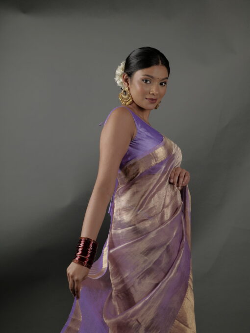 Lavender Tissue Silk Saree with Gold Zari Border - Image 3