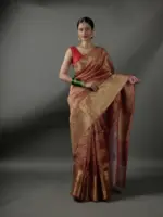 Red Crushed Semi Tissue Silk Saree With Gold Zari Weaves - Image 2