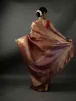 Red Crushed Semi Tissue Silk Saree With Gold Zari Weaves - Image 4