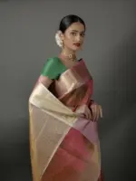 Reddish Pink Tissue Silk Saree with Gold Zari weaves - Image 5