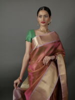 Reddish Pink Tissue Silk Saree with Gold Zari weaves - Image 4