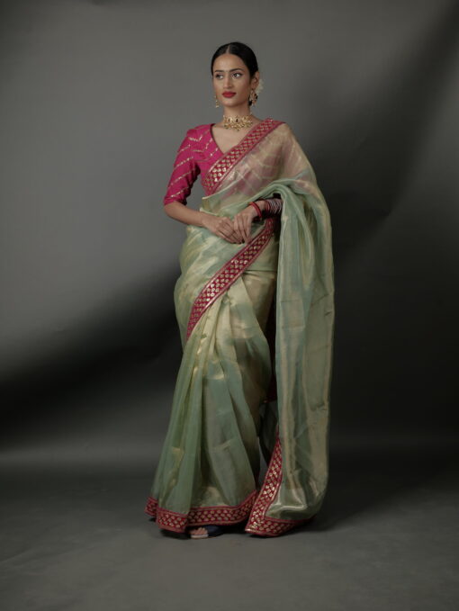 Sea Green Tissue Silk Saree highlighted with sequins Embroidered - Image 3