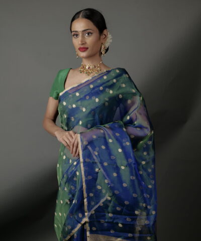 Peacock Dual Tone Tissue Silk Saree highlighted with Zari Motifs and Gota Border