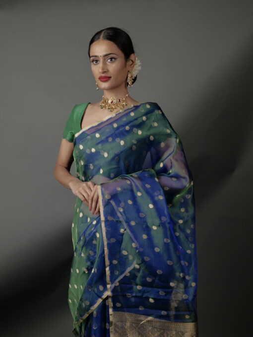 Peacock Dual Tone Tissue Silk Saree highlighted with Zari Motifs and Gota Border - Image 1