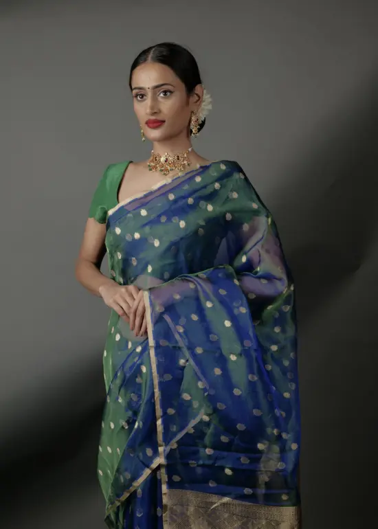 Peacock Dual Tone Tissue Silk Saree highlighted with Zari Motifs and Gota Border