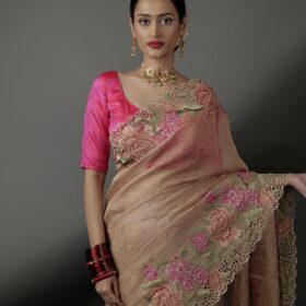 Beige Crushed Tissue Silk Saree highlighted with Cutwork Embroidery