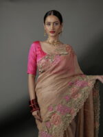 Beige Crushed Tissue Silk Saree highlighted with Cutwork Embroidery