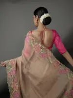 Beige Crushed Tissue Silk Saree highlighted with Cutwork Embroidery - Image 4