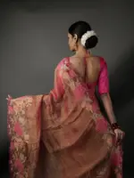 Pink Crushed Tissue Silk Saree with Cutwork Embroidery - Image 3