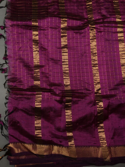 "Close up view of a model showcasing Magenta Handwoven Mangalagiri Silk Saree, Suitable For Engagement or Sangeet Functions By Mirra Clothing