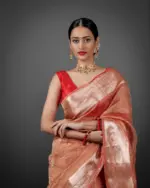 "Model draped in a stunning orange crushed tissue silk saree, radiating elegance and warmth." By Mirra Clothing