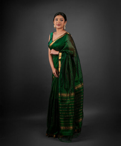Full view of a model showcasing Bottle Green Chequered Handwoven Mangalagiri Silk Saree, Suitable for Festivals like Diwali & Dussehraby Mirra Clothing