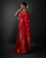 Peachy Red Banarasi Silk Saree Highlighted with Embroidery - Image 3