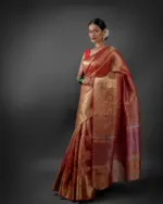 Red Crushed Semi Tissue Silk Saree With Gold Zari Weaves - Image 3