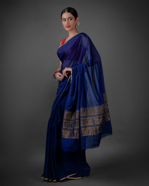Side view of a model showcasing Navy Blue Chiffon Silk Saree , Ideal for relaxed outings By Mirra Clothing