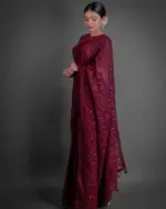 Wine Georgette Saree With sequins Embroidery - Image 3