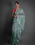 Turquoise Tissue Silk Saree with Silver Zari - Image 3